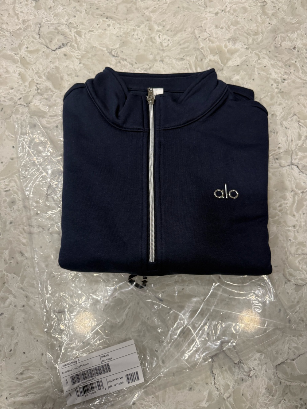 ALO Yoga Men’s Navy 1/4 Zip-Up Sweater with Silver Accents